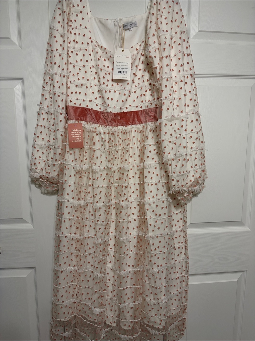 Ivy City Co White Long Sleeve Dress with Pink Hearts & Print Pink Waistband